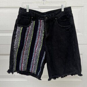 Reworked Black Distressed Denim Cut Off Shorts With Colorful Baja Stripe Patch